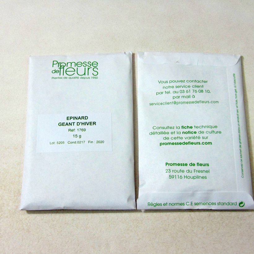 Exemple de spécimen de Epinard Géant d'Hiver le sachet de +/- 1000 graines environ (minimum 15g) tel que livré
