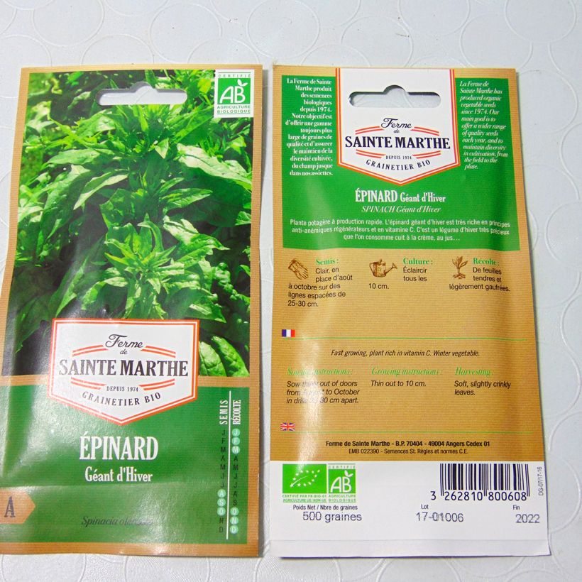 Example of Epinard Géant d'Hiver Bio - Ferme de Sainte Marthe  le sachet de 450 graines environ (5.7g) as you get