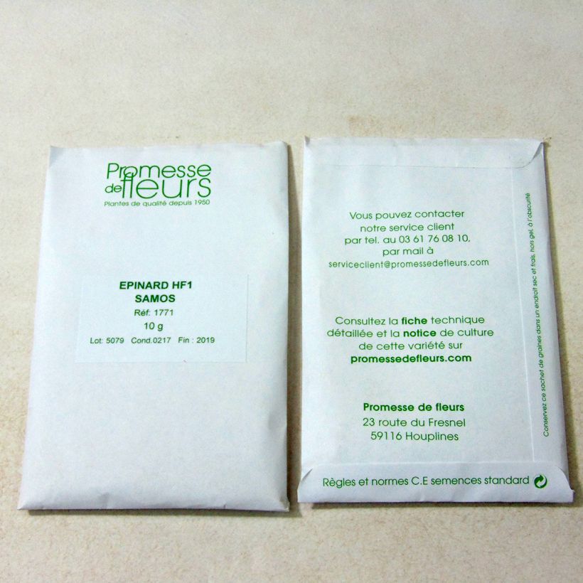 Exemple de spécimen de Epinard Samos F1 le sachet de +/- 700 graines environ (minimum 10g) tel que livré