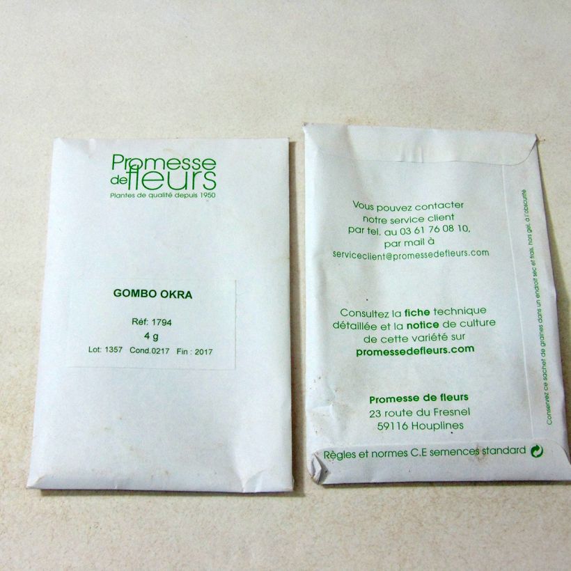 Exemple de spécimen de Gombo Okra - Abelmoschus esculentus le sachet de +/- 35 graines environ (minimum 4g) tel que livré