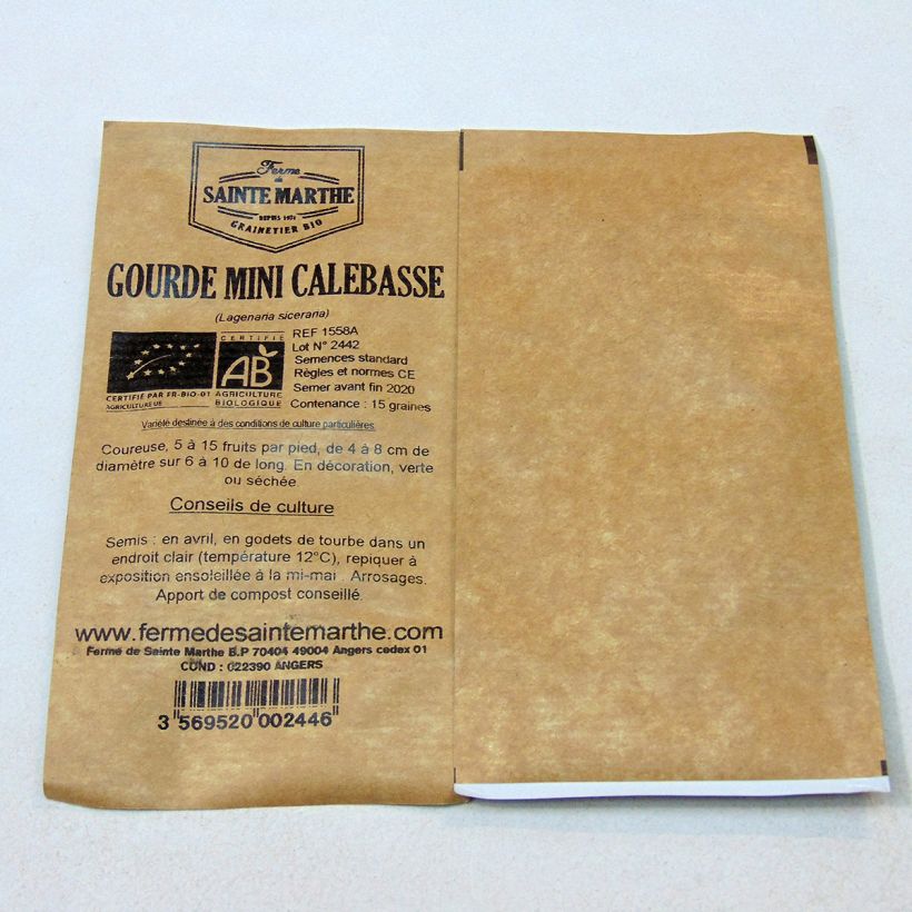 Exemple de spécimen de Gourde Mini Calebasse Bio - Ferme de Sainte Marthe le sachet de 15 graines environ (1g) tel que livré