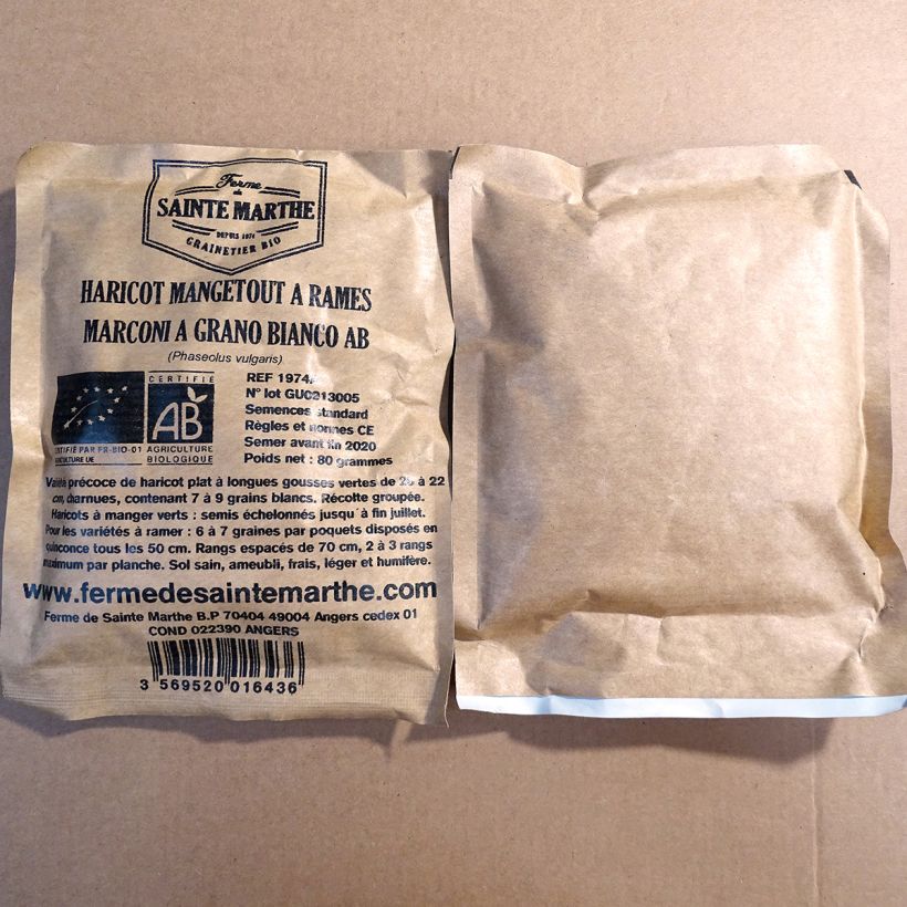 Exemple de spécimen de Haricot Marconi a Grano Bianco bio (mangetout à rames - Coco plat) - Ferme de Sainte Marthe le sachet de 160 graines environ (80g) tel que livré