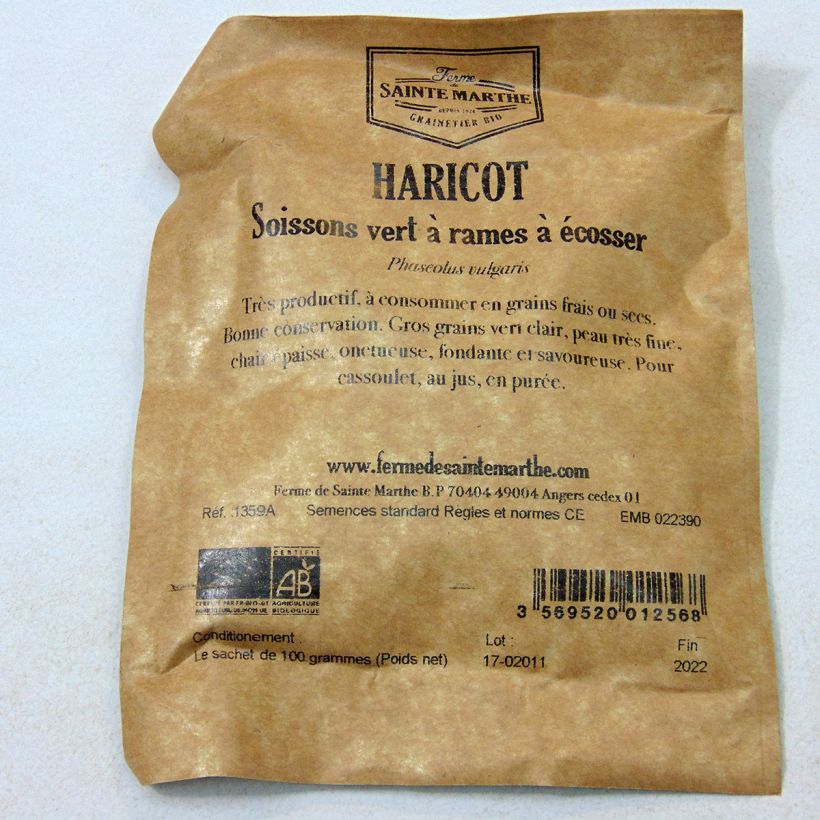 Example of Haricot à rames à écosser Soissons vert Bio - Ferme de Sainte Marthe  le sachet de 200 graines environ (100g) as you get