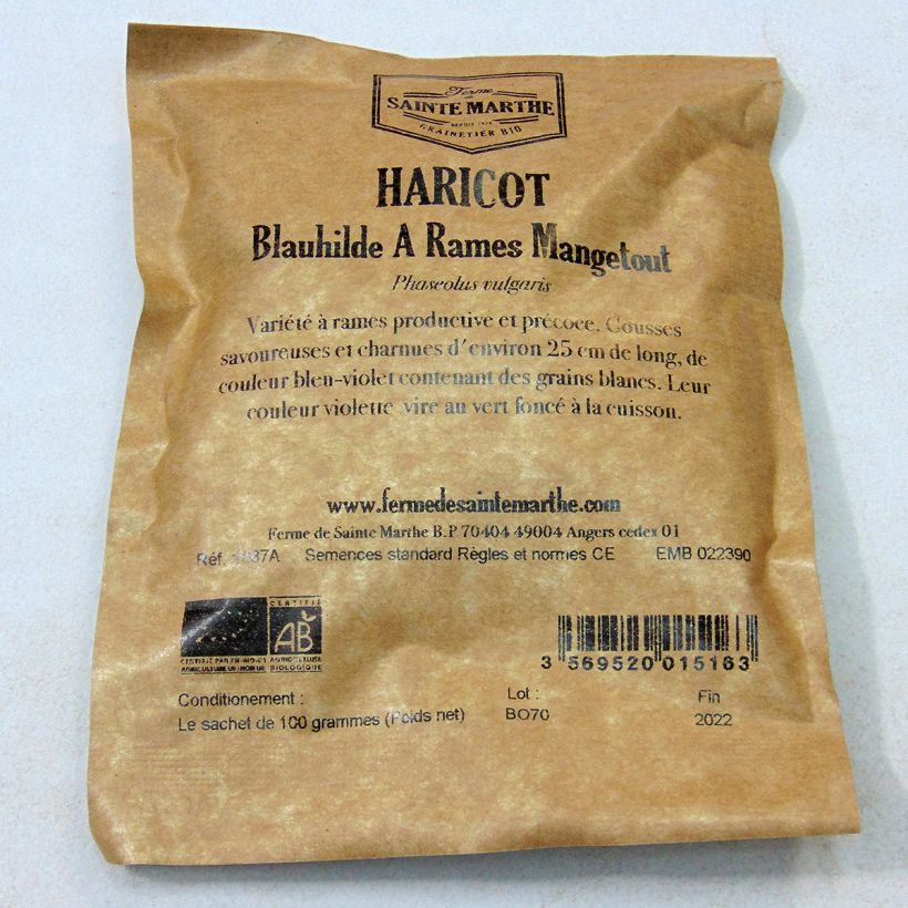 Example of Haricot à rames mangetout Blauhilde Bio - Ferme de Sainte Marthe le sachet de 200 graines environ (80g) as you get