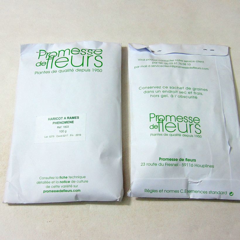 Exemple de spécimen de Haricot à rames mangetout Phénomène le sachet de graines de minimum 100 grammes tel que livré