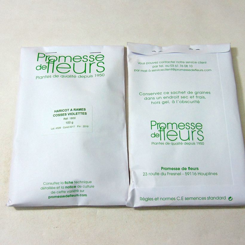 Exemple de spécimen de Haricot à rames mangetout à cosses violettes sans fil le sachet de +/- 200 graines environ (minimum 100g) tel que livré