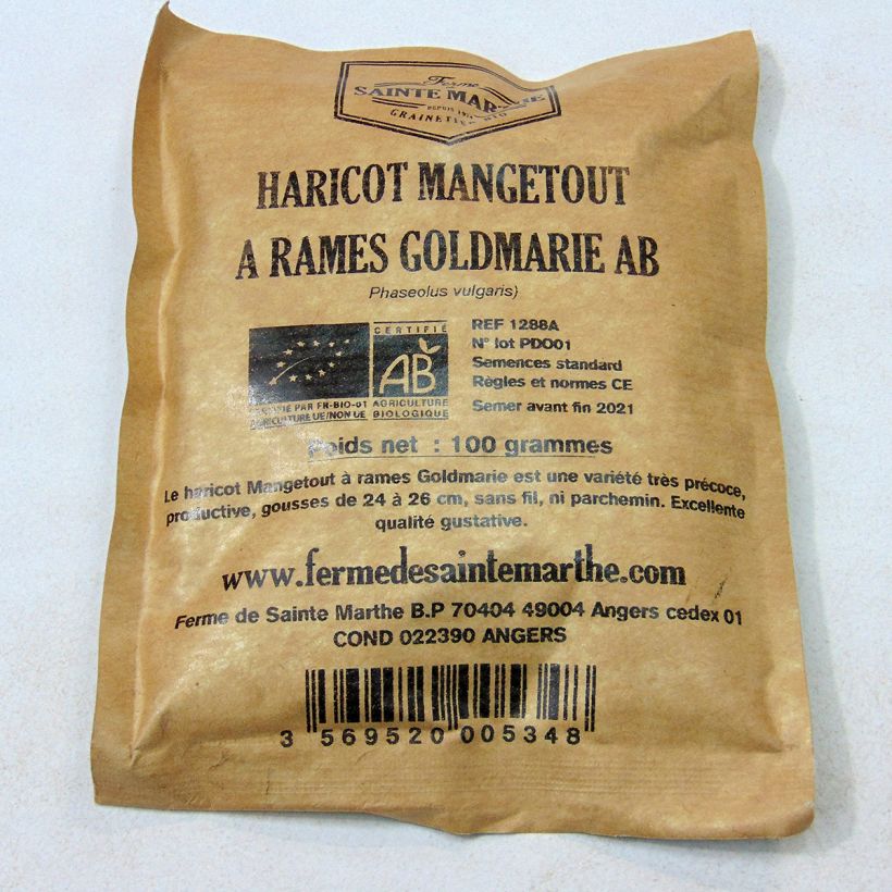 Exemple de spécimen de Haricot à rames mangetout beurre Goldmarie (gousses plates) Bio - Ferme de Sainte Marthe  le sachet de 200 graines environ (100g) tel que livré