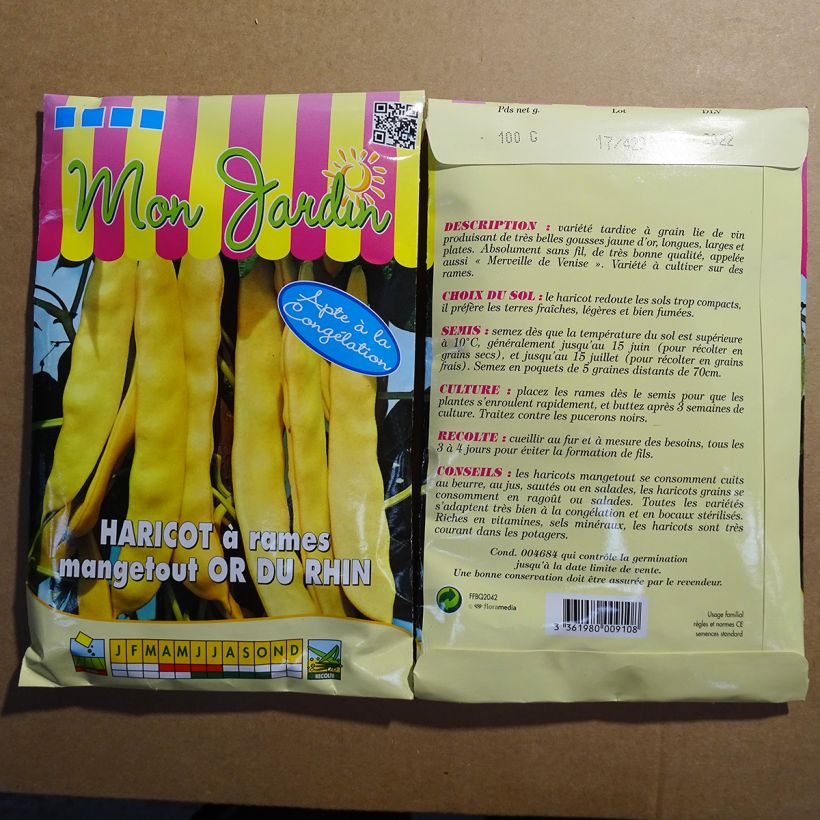 Example of Haricot à rames mangetout beurre Merveille de Venise ou Or du Rhin  le sachet de 200 graines environ (100g) as you get