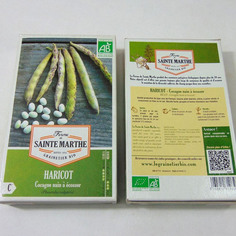 Exemple de spécimen de Haricot nain à écosser Cocagne Bio - Ferme de Sainte Marthe  le sachet de 160 graines environ (80g) tel que livré