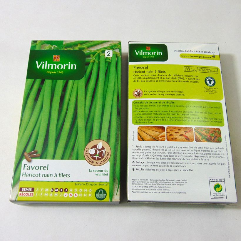 Exemple de spécimen de Haricot nain à filet Favorel (Création Vilmorin) - Vilmorin le sachet de 400 graines environ (200g) tel que livré