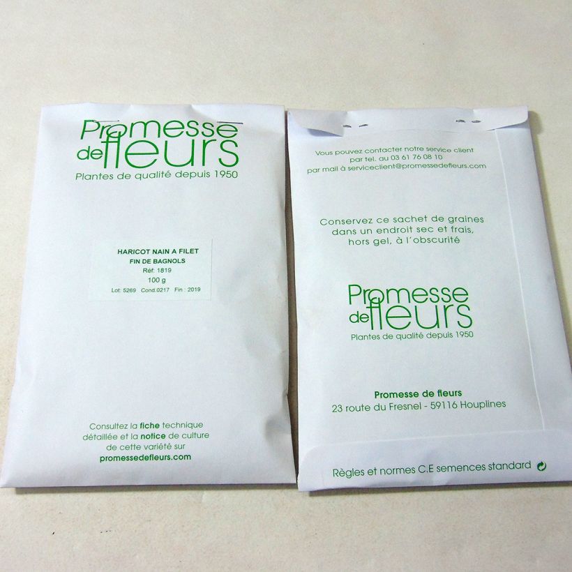 Exemple de spécimen de Haricot nain à filet Fin de Bagnols le sachet de +/- 250 graines environ (minimum 100g) tel que livré