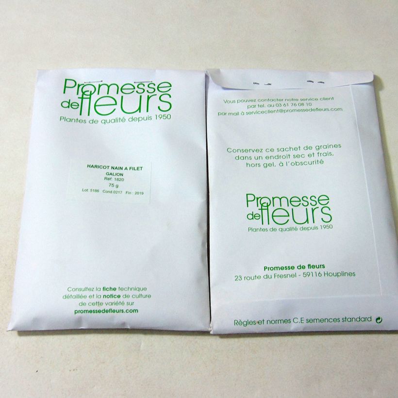 Exemple de spécimen de Haricot nain à filet Galion le sachet de +/- 200 graines environ (minimum 75g) tel que livré