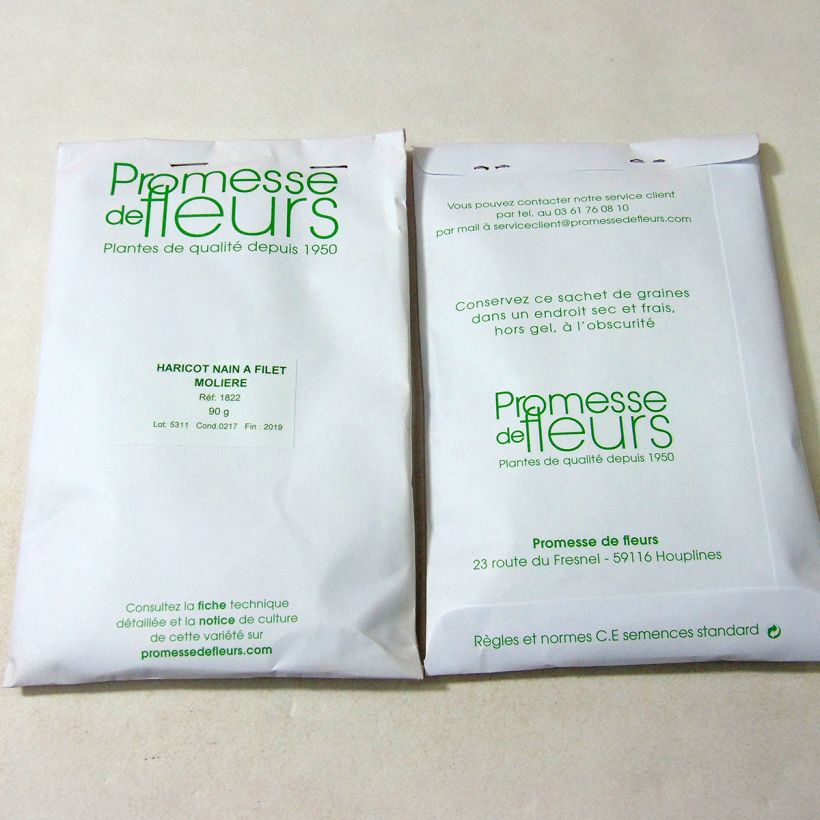 Exemple de spécimen de Haricot nain à filet Molière le sachet de 220 graines environ (minimum 90g) tel que livré