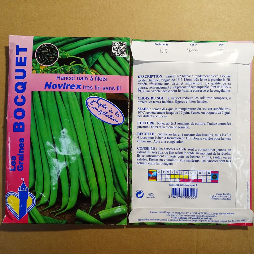 Exemple de spécimen de Haricot nain à filet Novirex le sachet de 120 graines environ (60g) tel que livré