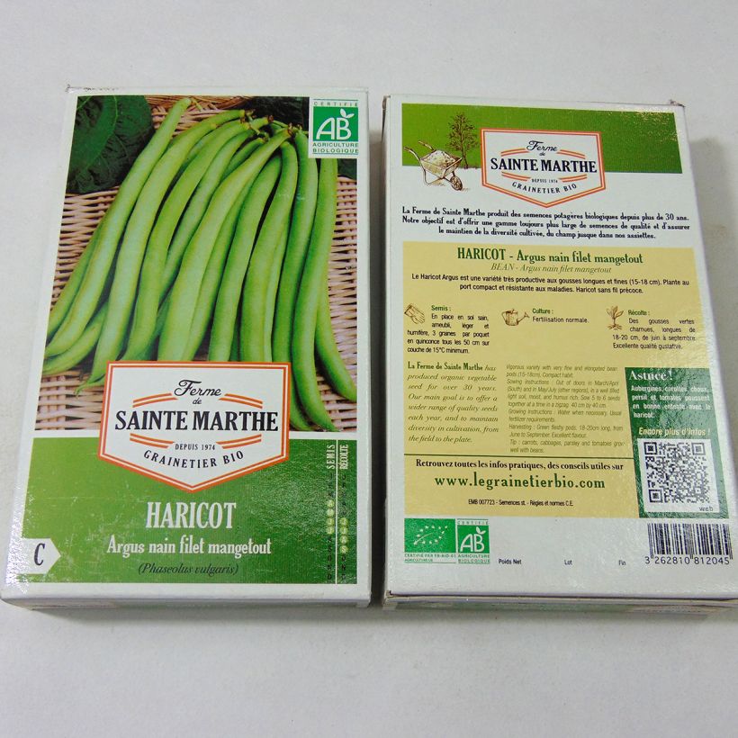 Exemple de spécimen de Haricot nain mangetout Argus Bio - Ferme de Sainte Marthe  le sachet de 160 graines environ (80g) tel que livré