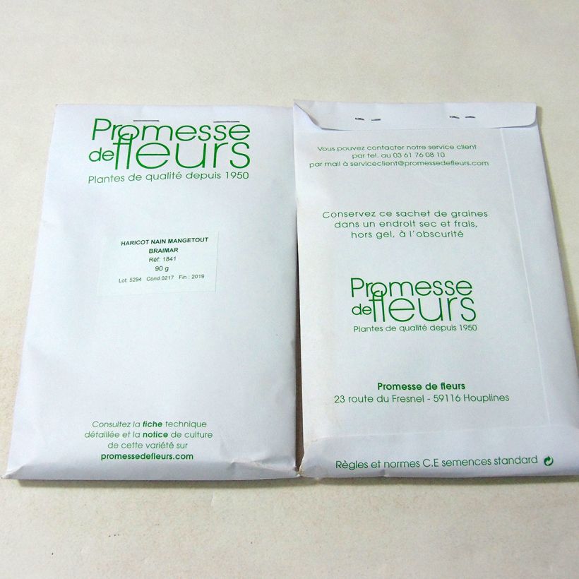 Exemple de spécimen de Haricot nain mangetout Braimar le sachet de +/- 225 graines environ (minimum 90g) tel que livré