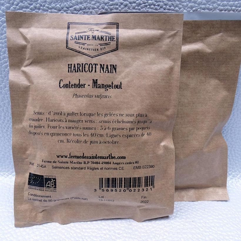 Exemple de spécimen de Haricot nain mangetout Contender Bio - Ferme de Sainte Marthe le sachet de graines de 80 grammes tel que livré