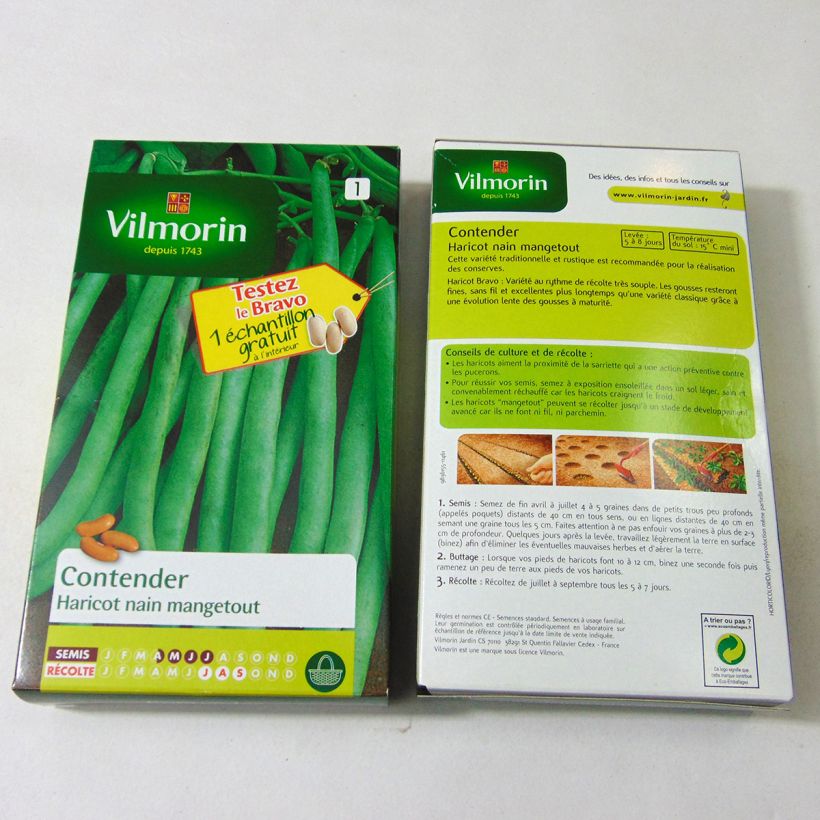 Exemple de spécimen de Haricot nain mangetout Contender + échantillon Bravo - Vilmorin le sachet de 400 graines environ (200g) tel que livré