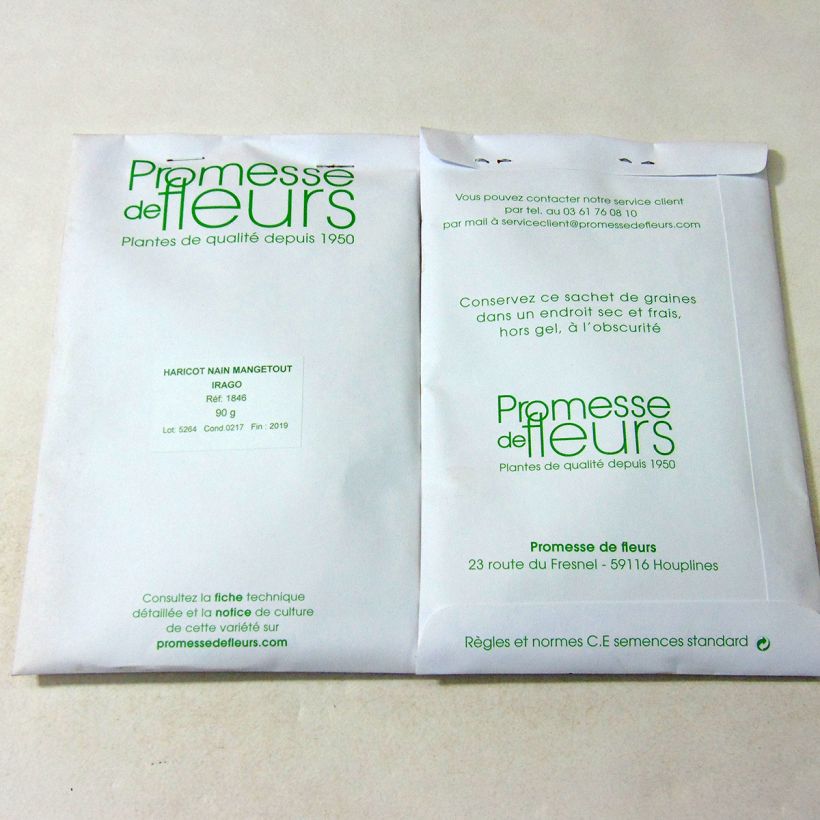 Exemple de spécimen de Haricot nain mangetout Irago le sachet de graines de minimum 90 grammes tel que livré