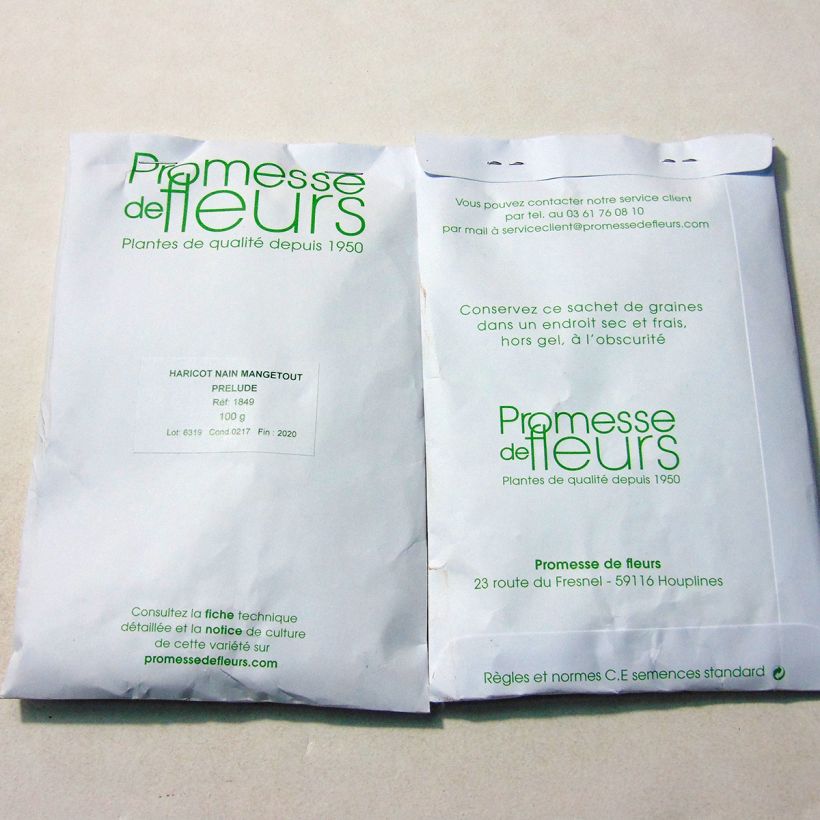 Exemple de spécimen de Haricot nain mangetout Prélude le sachet de +/- 250 graines environ (minimum 100g) tel que livré