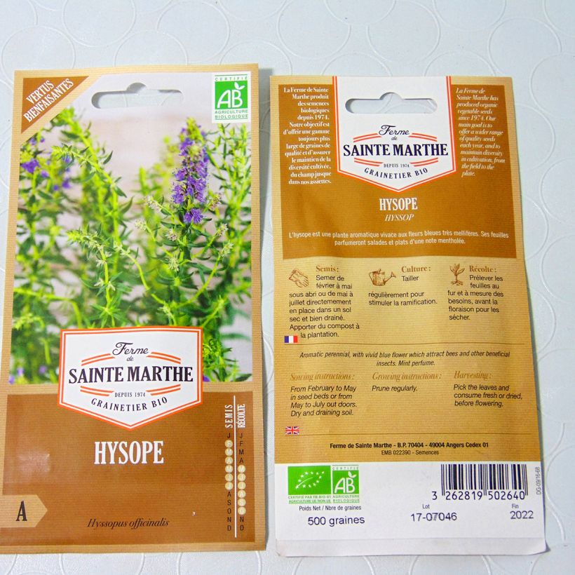Exemple de spécimen de Hysope Bio - Ferme de Sainte Marthe le sachet de 500 graines environ tel que livré