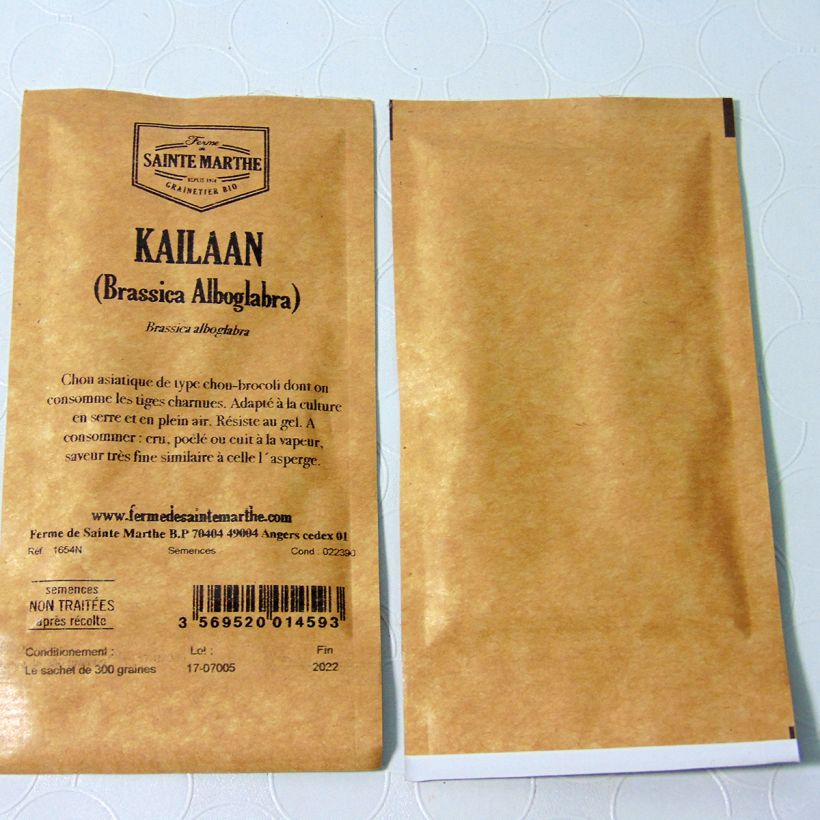Exemple de spécimen de Kailaan NT (Brassica Alboglabra) - Ferme de Sainte Marthe le sachet de 300 graines environ (1g) tel que livré