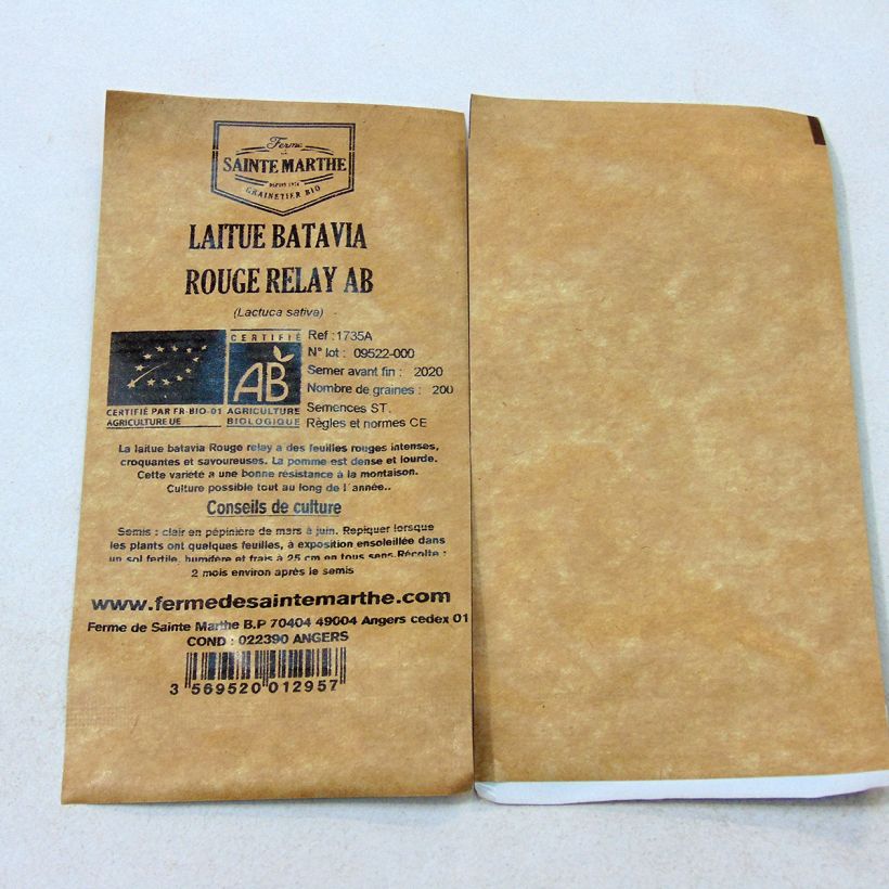 Exemple de spécimen de Laitue Batavia Rouge Relay Bio - Ferme de Sainte Marthe le sachet de 200 graines environ tel que livré
