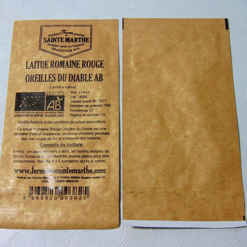 Exemple de spécimen de Laitue Romaine Rouge Oreilles du Diable Bio - Ferme de Sainte Marthe le sachet de 450 graines environ tel que livré