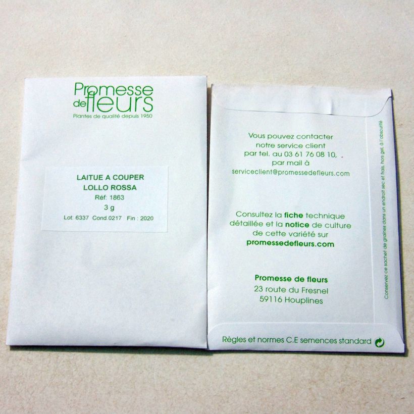 Exemple de spécimen de Laitue à couper Lollo Rossa - Lactuca sativa le sachet de +/- 2500 graines environ (minimum 3g) tel que livré
