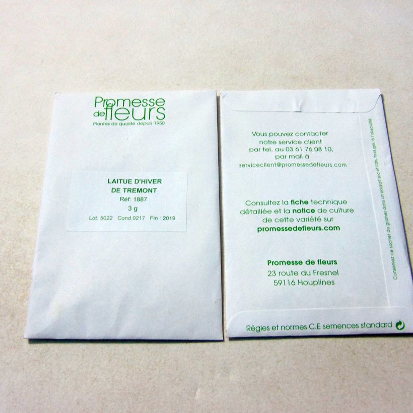 Exemple de spécimen de Laitue d'Hiver Trémont Passion Blonde le sachet de 2500 graines environ (minimum 3g) tel que livré