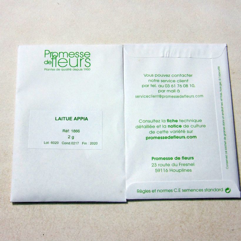 Exemple de spécimen de Laitue pommée Appia - Lactuca sativa le sachet de +/- 1700 graines environ (minimum 2g) tel que livré