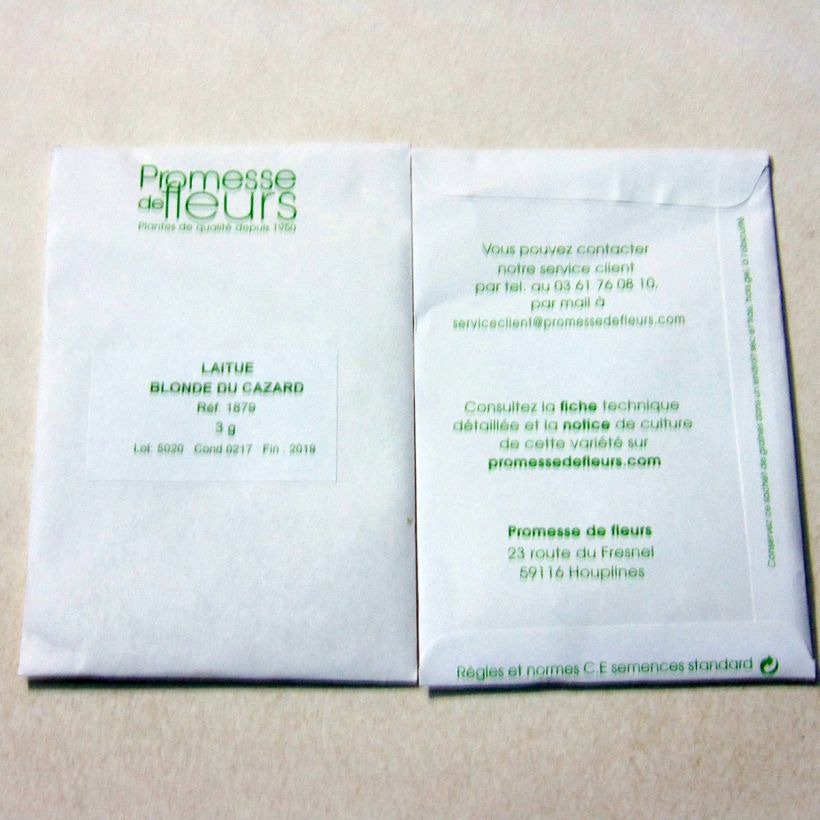 Exemple de spécimen de Laitue pommée Blonde du Cazard le sachet de +/- 2500 graines environ (minimum 3g) tel que livré