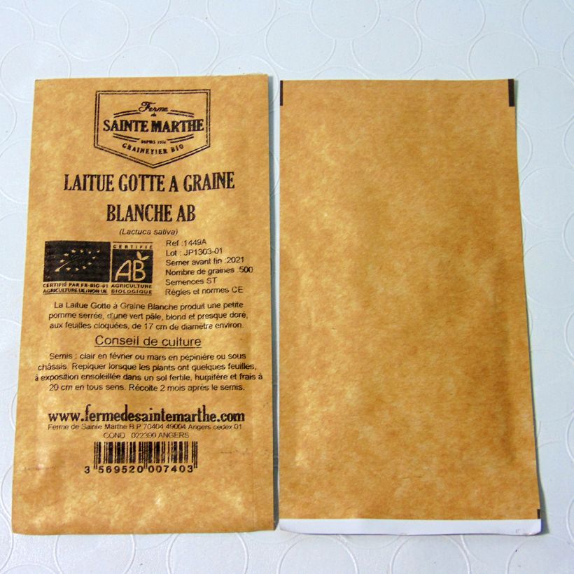 Exemple de spécimen de Laitue pommée Gotte à Graine Blanche Bio - Ferme de Sainte Marthe le sachet de 500 graines environ tel que livré