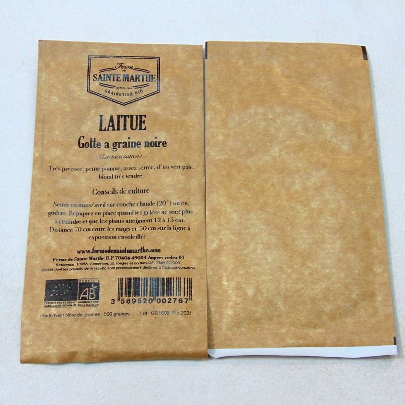 Exemple de spécimen de Laitue pommée Gotte à Graine Noire Bio - Ferme de Sainte Marthe le sachet de 500 graines environ tel que livré