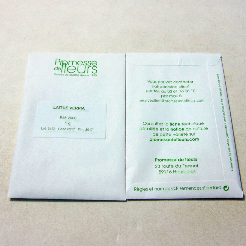 Exemple de spécimen de Laitue pommée Verpia le sachet de +/- 800 graines environ (minimum 1g) tel que livré