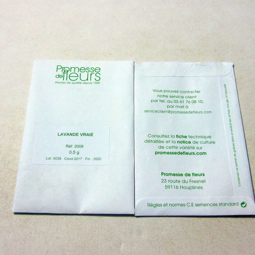 Exemple de spécimen de Lavande Vraie le sachet de +/- 400 graines environ (minimum 0,5g) tel que livré