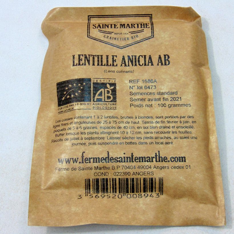 Exemple de spécimen de Lentille Anicia Bio - Ferme de Sainte Marthe le sachet de graines de 80 grammes tel que livré