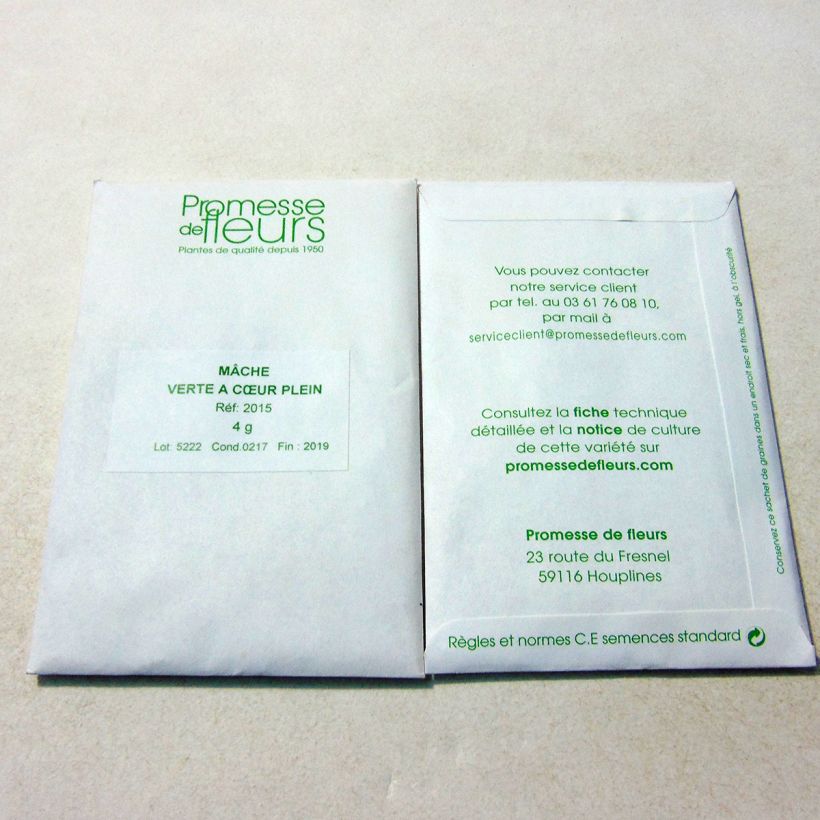 Exemple de spécimen de Mâche Verte à Coeur Plein le sachet de +/- 3000 graines environ (minimum 4g) tel que livré