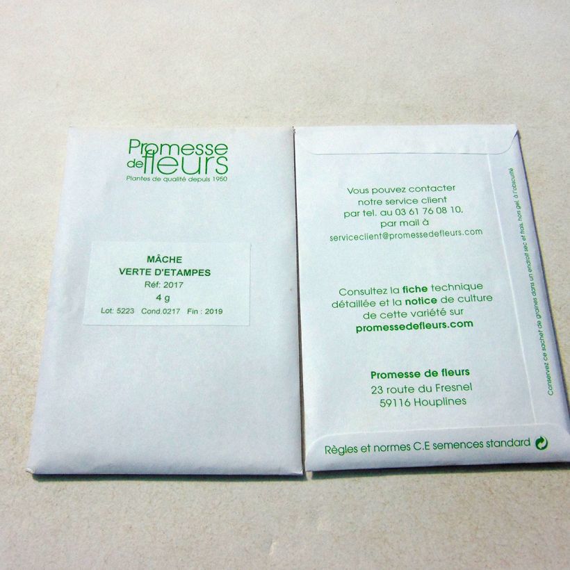 Exemple de spécimen de Mâche Verte d'Etampes le sachet de +/- 3000 graines environ (minimum 4g) tel que livré