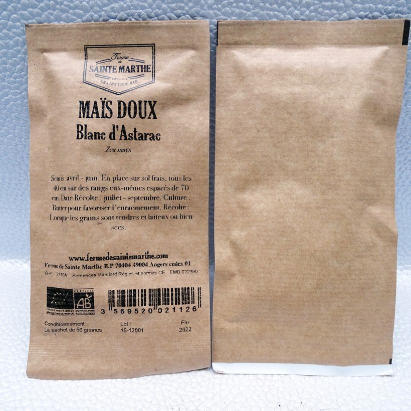 Exemple de spécimen de Maïs doux blanc d'Astarac Bio - Ferme de Sainte Marthe le sachet de 50 graines environ tel que livré