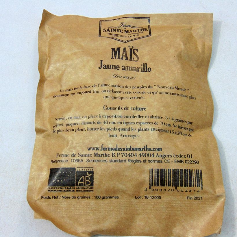 Exemple de spécimen de Maïs jaune Amarillo Bio - Ferme de Ste Marthe le sachet de 50 graines environ (100g) tel que livré
