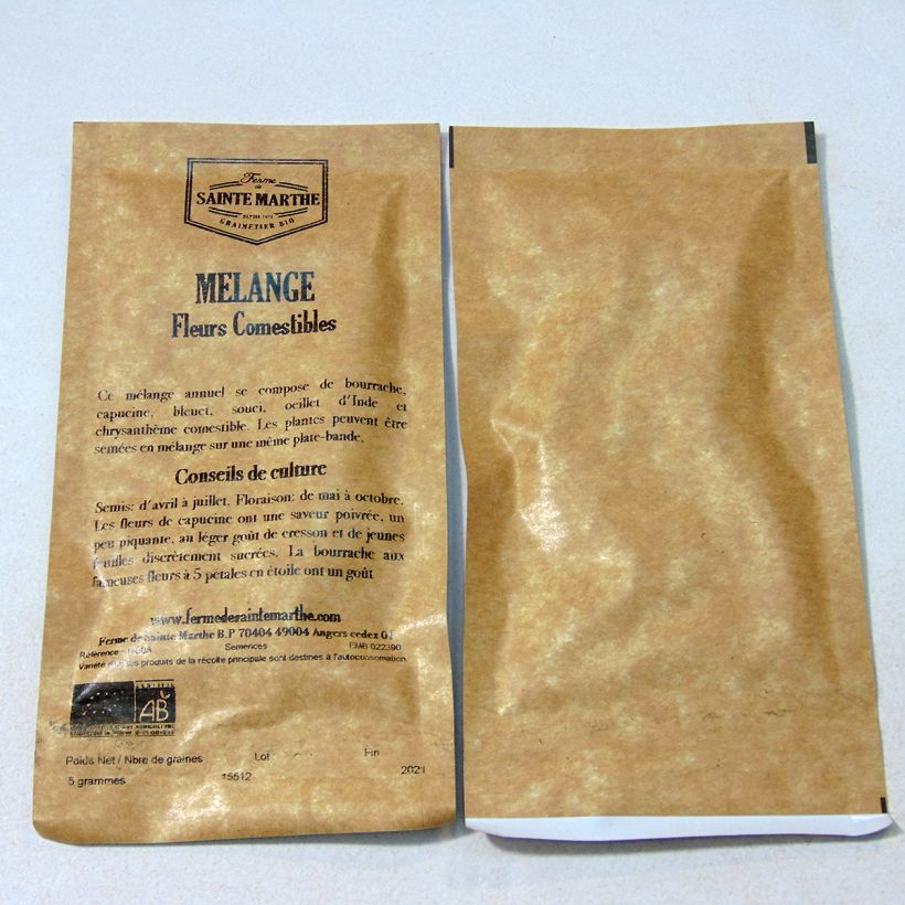 Exemple de spécimen de Mélange de Fleurs Comestibles Bio - Ferme de Sainte Marthe le sachet de graines de 5 grammes tel que livré
