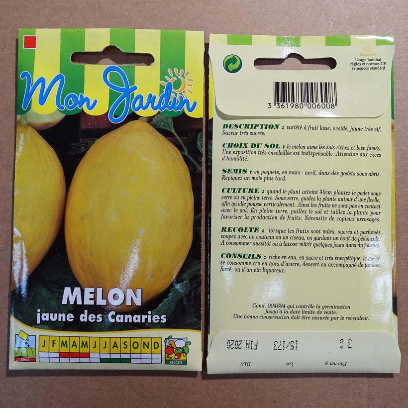 Exemple de spécimen de Melon Jaune Canari 2  le sachet de 75 graines environ (3g) tel que livré