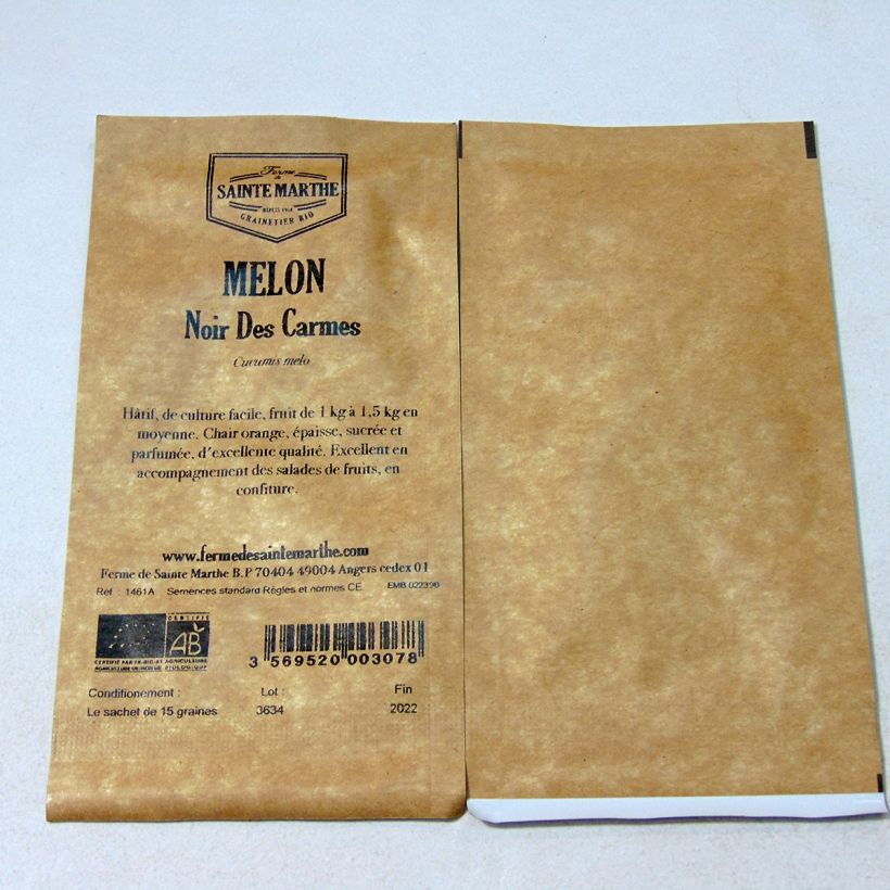 Exemple de spécimen de Melon Noir des Carmes Bio - Ferme de Sainte Marthe le sachet de 15 graines environ tel que livré