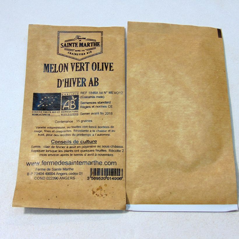 Exemple de spécimen de Melon Vert Olive d'Hiver Bio - Ferme de Sainte Marthe le sachet de 15 graines environ tel que livré