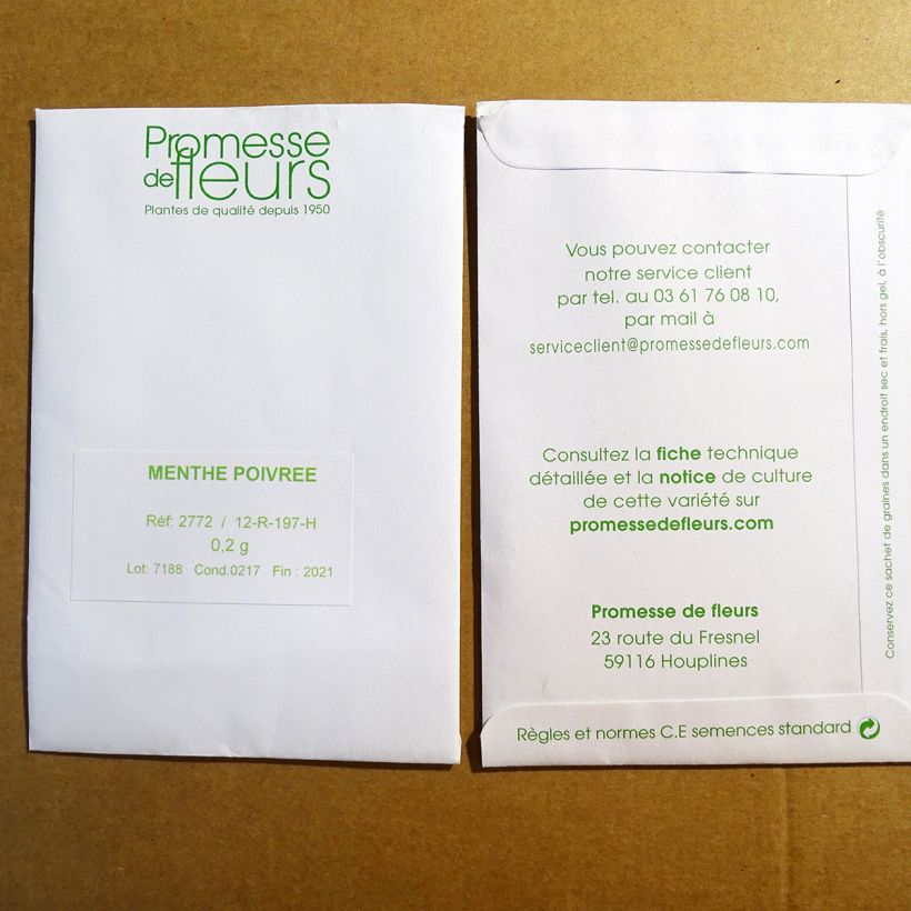 Exemple de spécimen de Menthe poivrée le sachet de +/- 2000 graines environ (minimum 0,2g) tel que livré