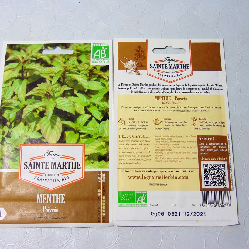 Exemple de spécimen de Menthe poivrée Bio - Ferme de Sainte Marthe le sachet de 1500 graines environ (0,1g) tel que livré