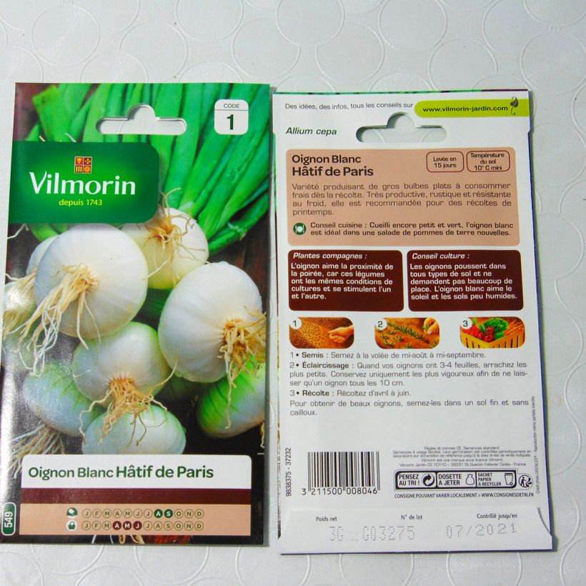 Exemple de spécimen de Oignon Blanc de Paris - Vilmorin le sachet de 750 graines environ (3g) tel que livré