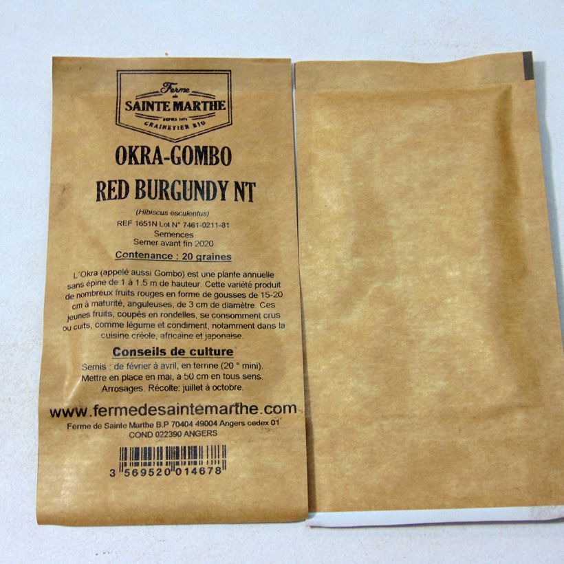 Exemple de spécimen de Okra Gombo Red Burgundy NT - Ferme de Sainte Marthe le sachet de 20 graines environ (1g) tel que livré