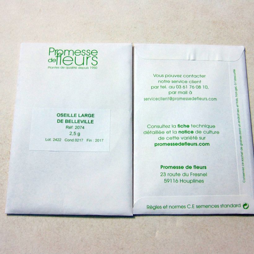 Exemple de spécimen de Oseille Large de Belleville - Rumex acetosa le sachet de 1700 graines environ (minimum 2,5g) tel que livré